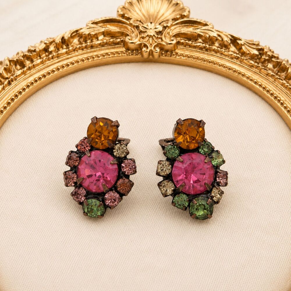 Vintage Floral Cluster Rhinestone Pierced Earrings: Pink, Topaz, Green Accents